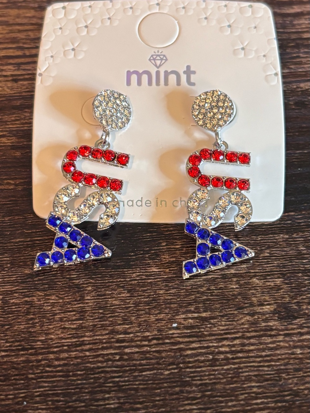 Silver Tone Red, White, and Blue Crystal Drop Earrings